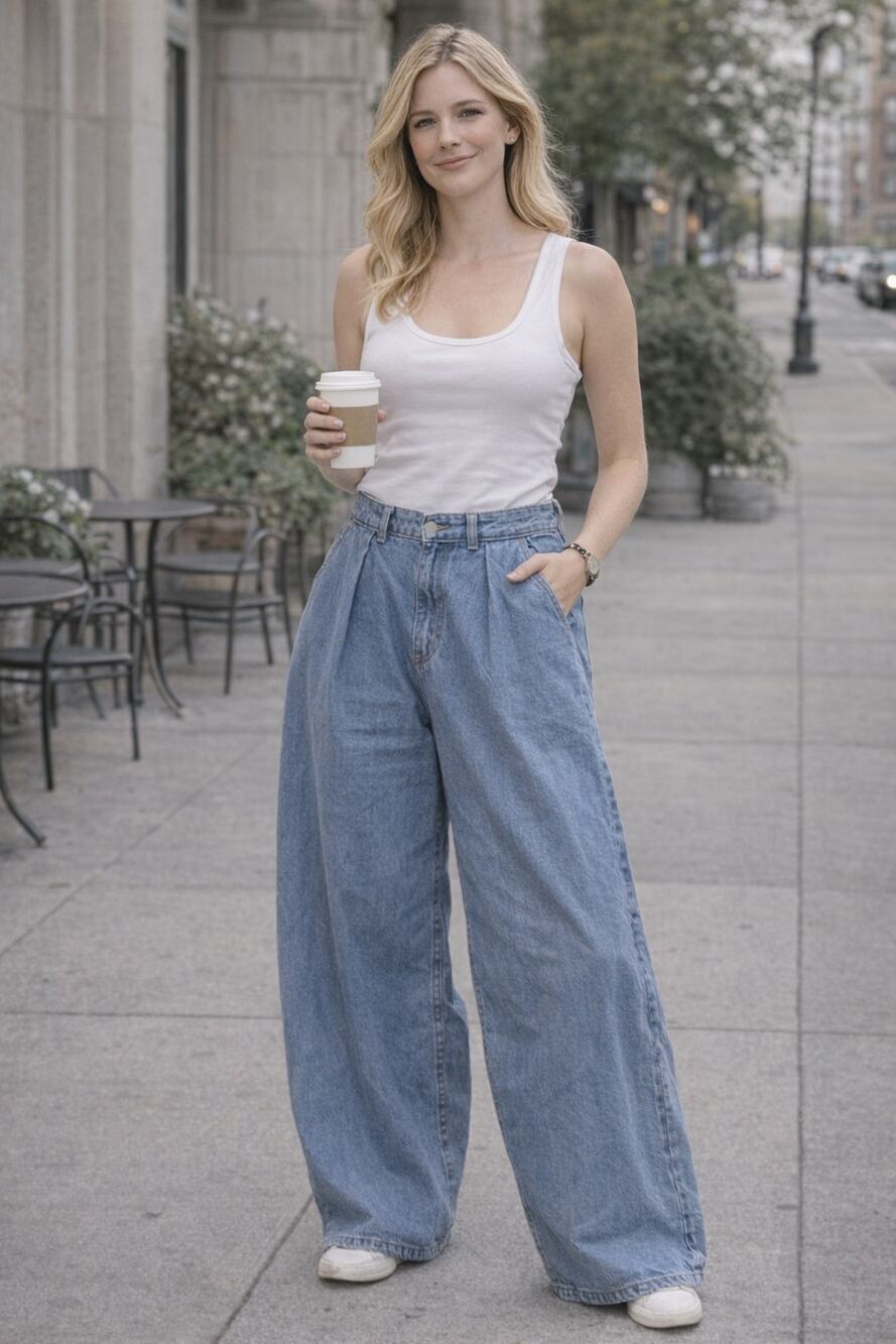 Barrel Wide Leg Jeans Women 6 Blue Horseshoe Curved Seam Streetwear Balloon Leg